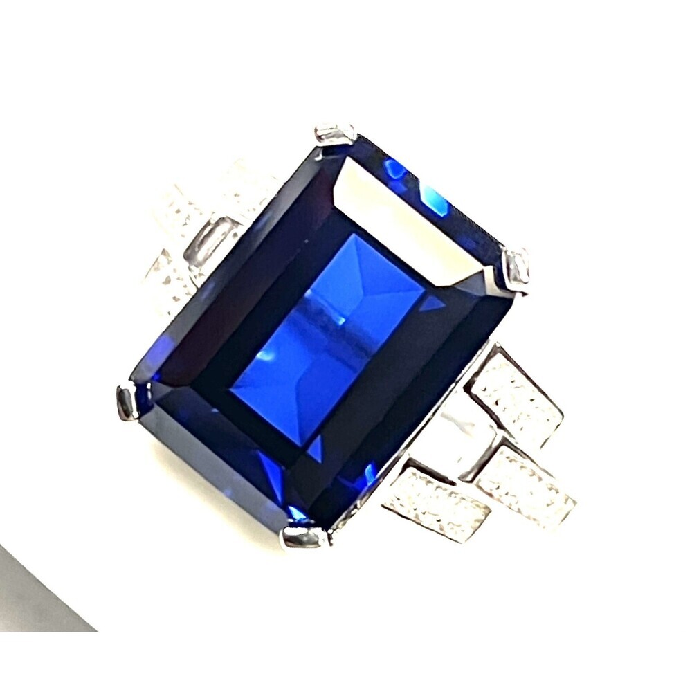 Genuine Emerald Cut Lab-Created Sapphire Set in Ring 925 Sterling Silver - Picture 9 of 13